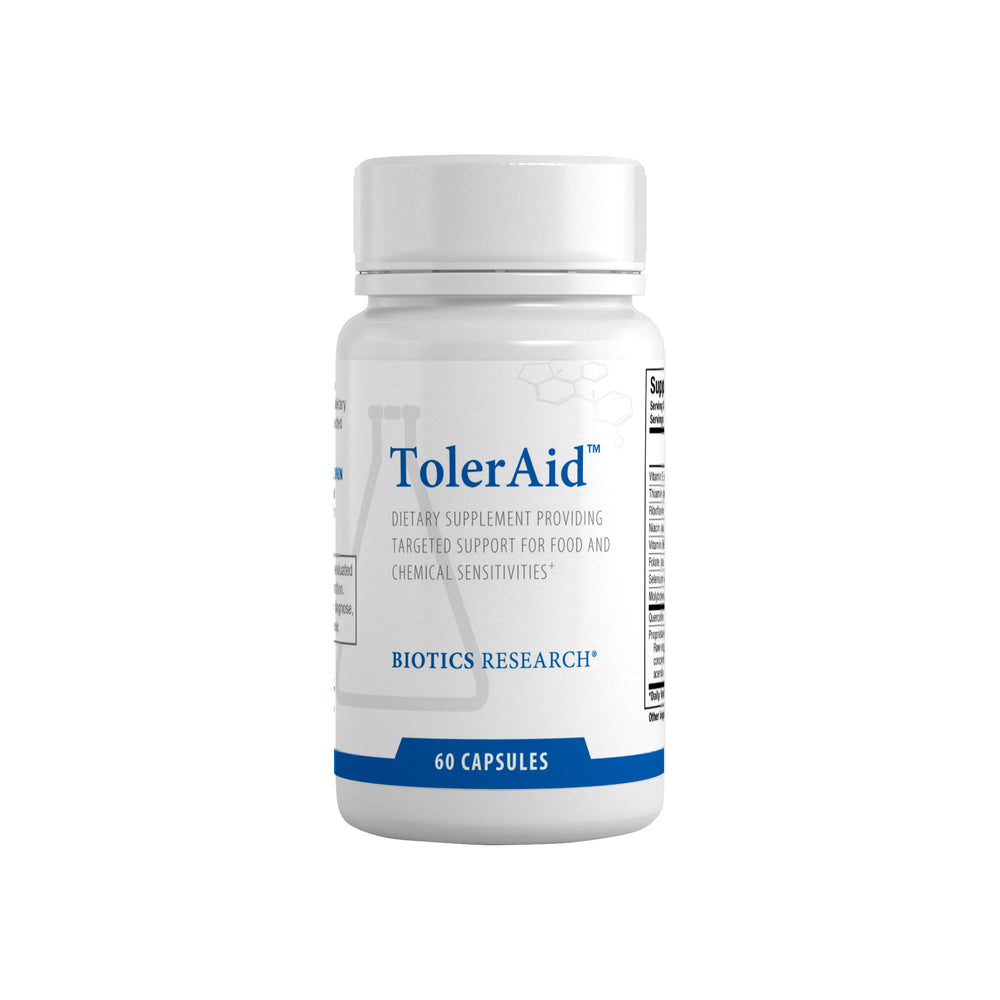 Biotics Research TolerAid bottle with label, suggesting support for sulfite processing.