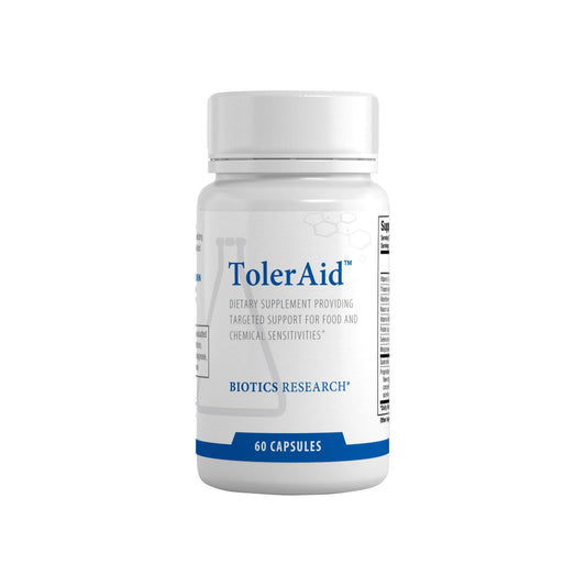 Biotics Research TolerAid bottle with label, suggesting support for sulfite processing.