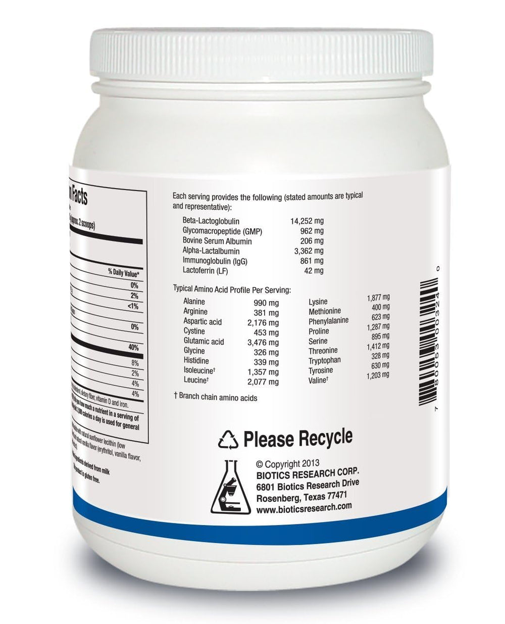 BIOTICS RESEARCH Vanilla whey shake image highlights easy mixability and high protein per serving.
