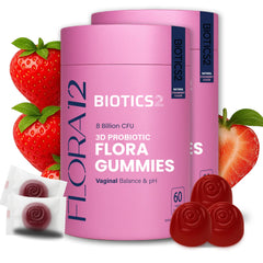 Biotics2 Flora12 bottle front with vegan gummies for daily probiotic support.