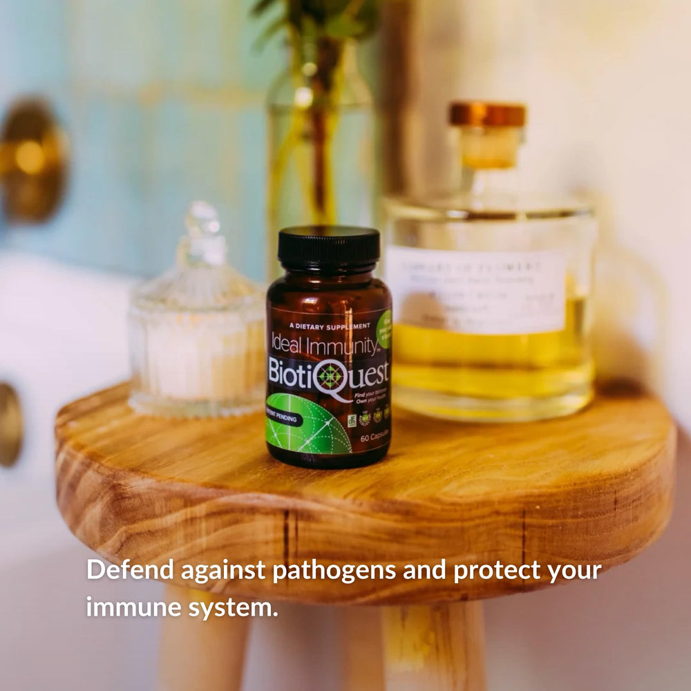 BiotiQuest Ideal Immunity label back lists gluten-free and non-GMO details.