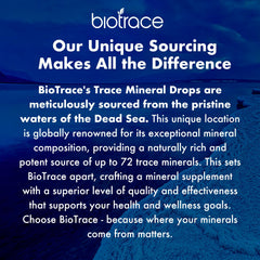 BioTrace Dead Sea Mineral Drops pour shot demonstrates easy addition to water for a convenient mineral boost.
