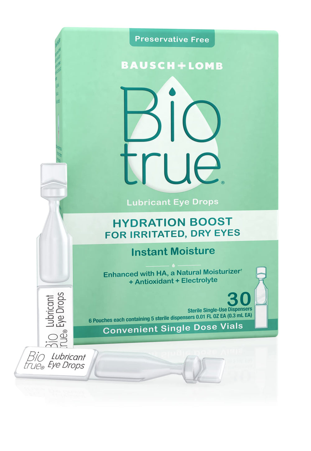 Biotrue Hydration Boost eye drops single-dose vial close-up for sterile, convenient use