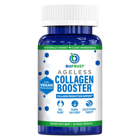 BioTrust Ageless Collagen Booster bottle with vegan formula for nourished-looking skin