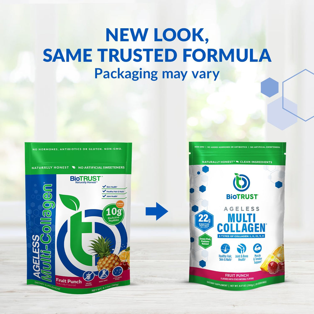 BioTrust Ageless Multi Collagen Fruit Punch scoop dissolves easily in beverages for quick daily use.
