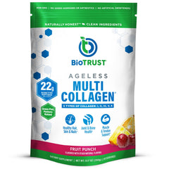 BioTrust Ageless Multi Collagen Fruit Punch tub showcasing premium multi-source formula for daily skin and joint support.