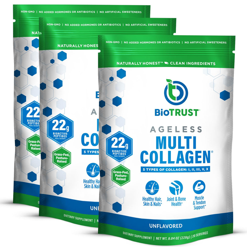 BioTrust Ageless Multi Collagen bottle on kitchen counter supports healthy hair, skin and nails.
