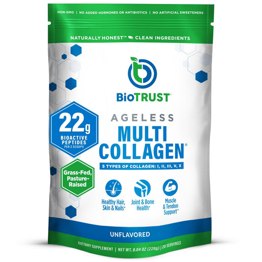 Biotrust Ageless Multi Collagen powder tub highlighting five collagen types for joints and skin.