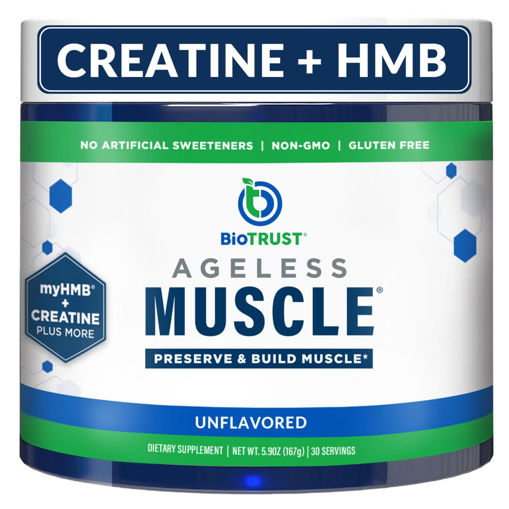 BioTrust Ageless Muscle Builder bottle close-up for daily muscle support.