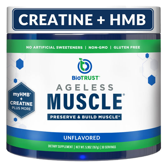 BioTrust Ageless Muscle Builder bottle close-up for daily muscle support.