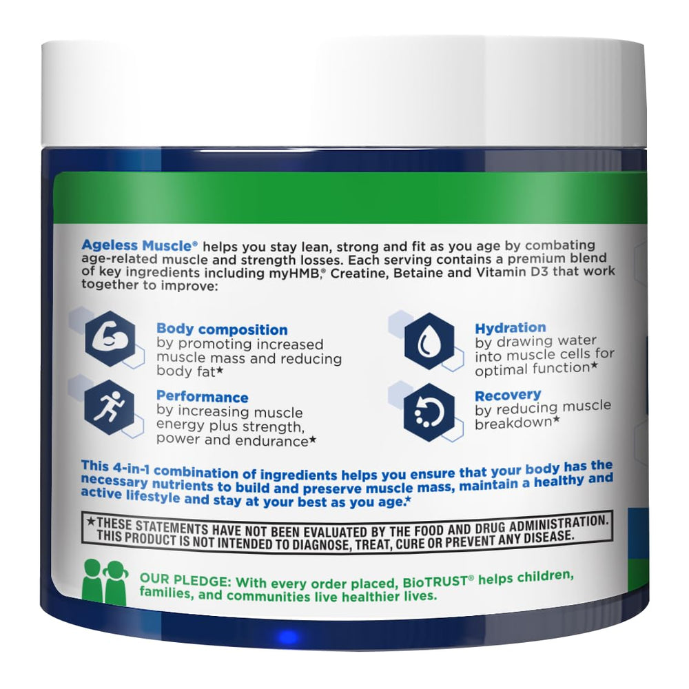BioTrust Ageless Muscle Builder glass of water beside the jar.