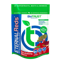 BioTrust Eternal Reds berry powder tub shows natural flavor and sugar-free formula.