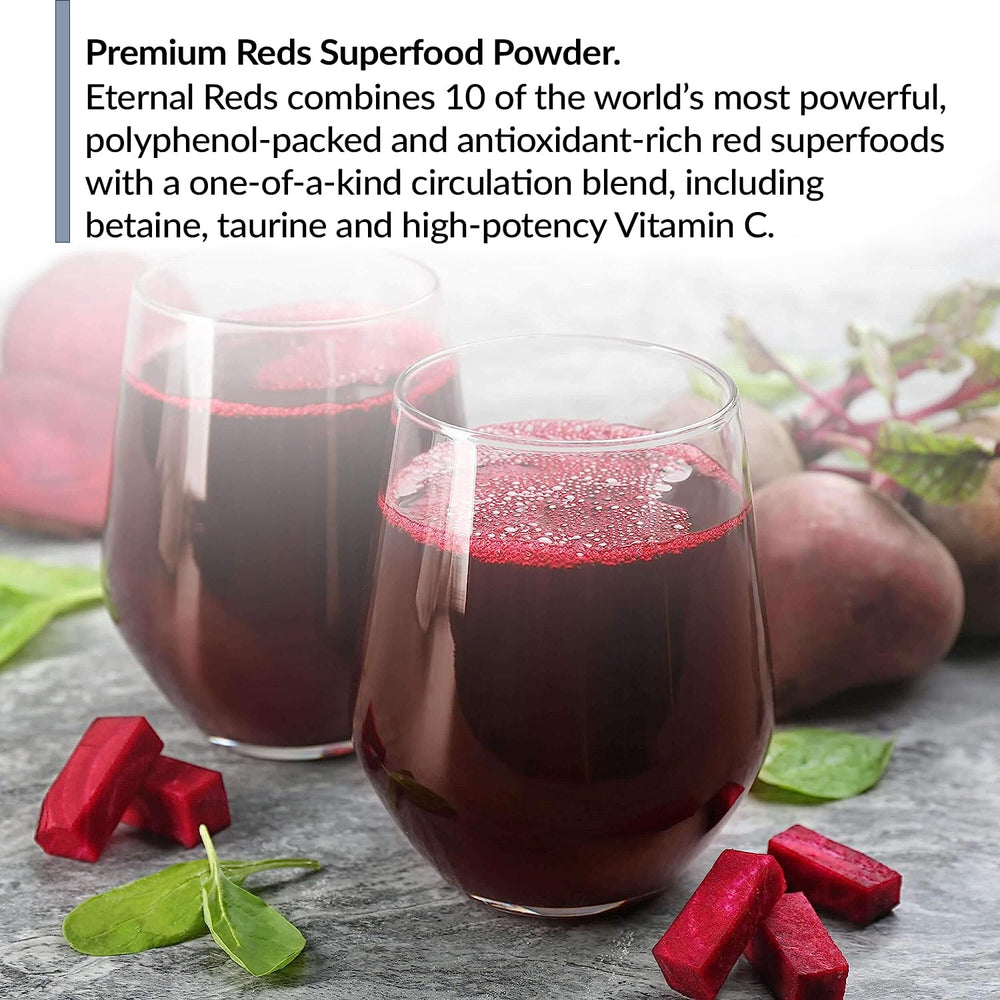 BioTrust Eternal Reds prepared beverage in a glass highlights caffeine-free energy.
