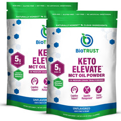 BioTrust Keto Elevate powder being poured for a clean energy boost