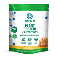 BioTrust Low Carb Plant vanilla caramel bottle showing protein-rich, dairy-free shake option