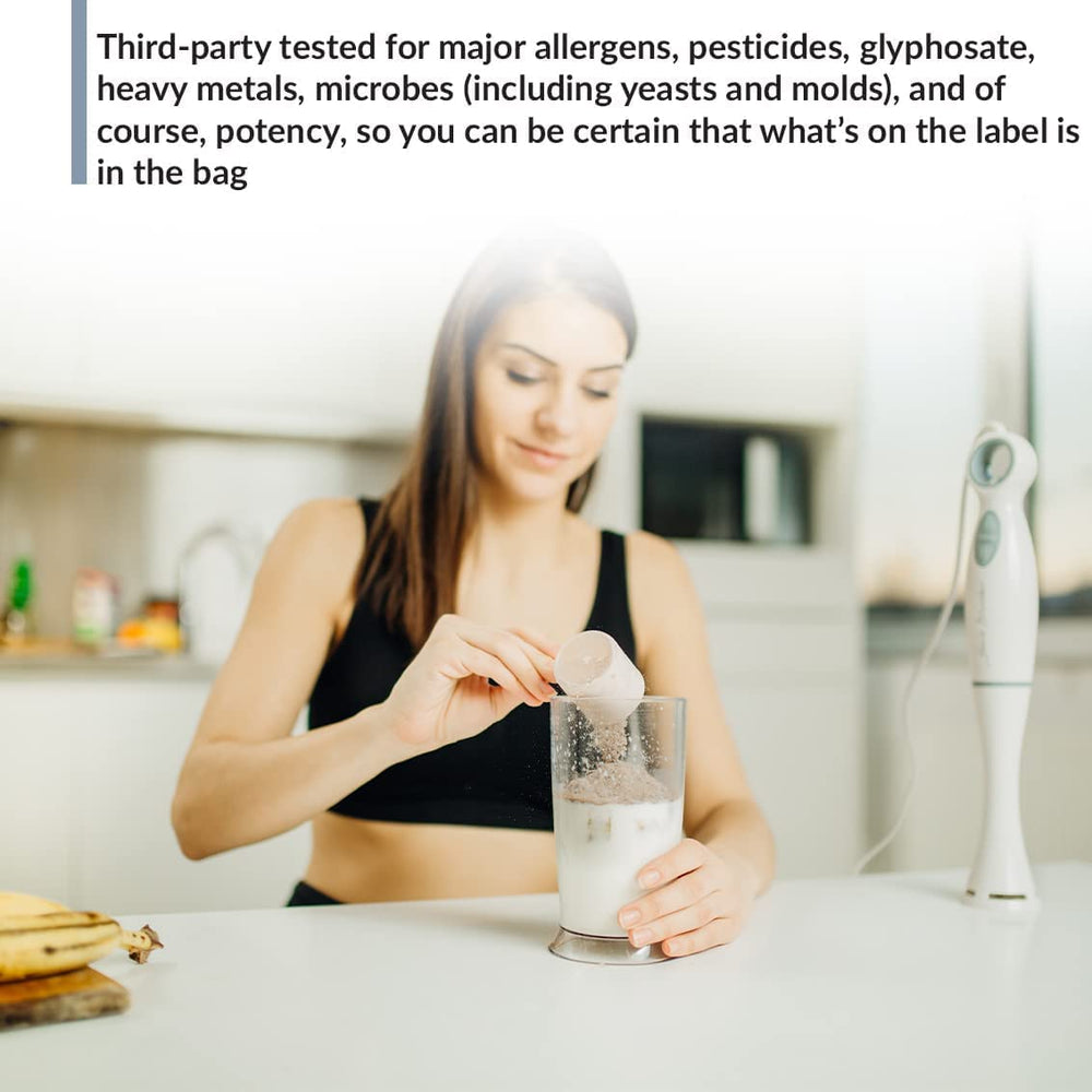 BioTrust Low Carb Plant powder on spoon suggests high-quality plant protein