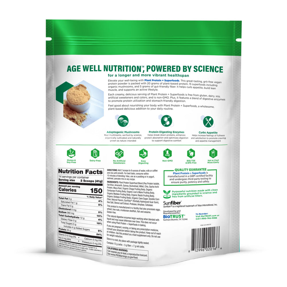 GMP-certified facility and vegan symbol indicate safe, dairy-free protein
