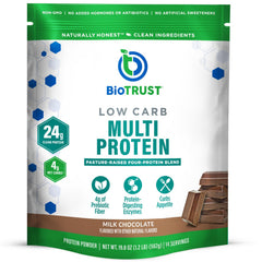 BioTrust Low Carb Protein bottle front showing grass-fed formula for daily shakes