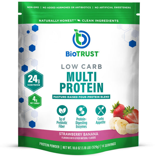 BioTrust Low Carb Protein Powder packaging with strawberry banana flavor, convenient protein boost after workouts.