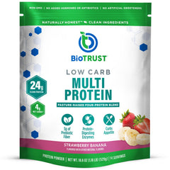 BioTrust Low Carb Protein Powder packaging with strawberry banana flavor, convenient protein boost after workouts.