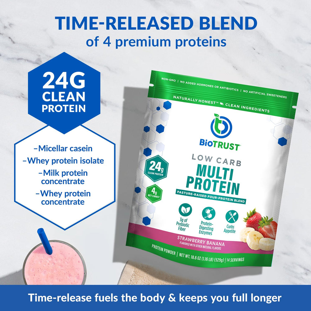 BioTrust Low Carb Protein Powder scoop beside container for pre- or post-workout protein.