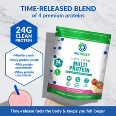 BioTrust Low Carb Protein Powder scoop beside container for pre- or post-workout protein.