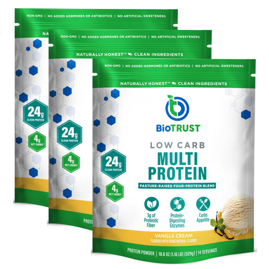 BioTrust Low-Carb Vanilla bottle for quick, high-protein shakes.