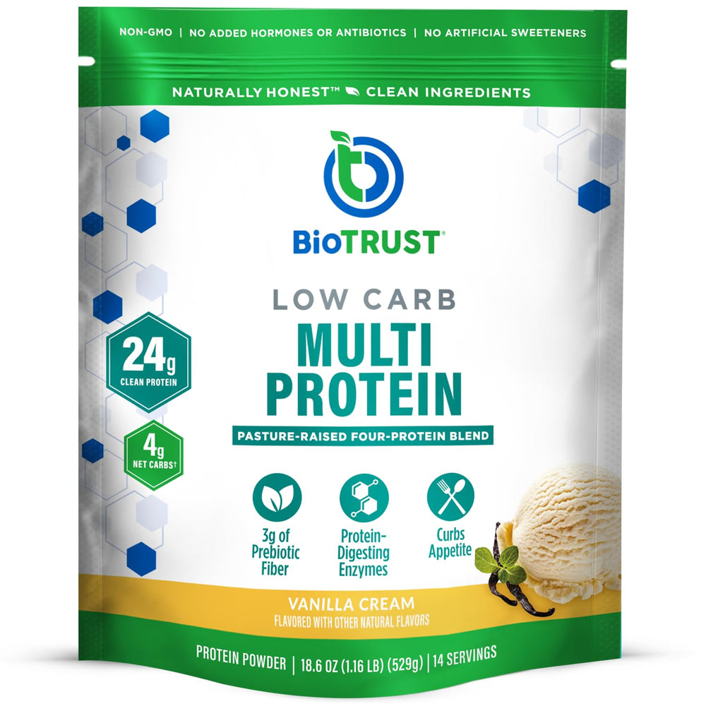 BioTrust low-carb vanilla powder in a glass jar for vanilla-forward shakes.