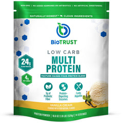 BioTrust low-carb vanilla powder in a glass jar for vanilla-forward shakes.