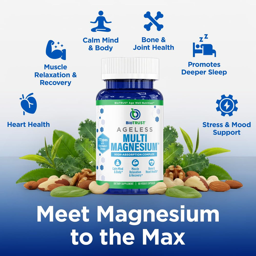 BioTrust capsules closeup showing seven-form magnesium for daily wellness.