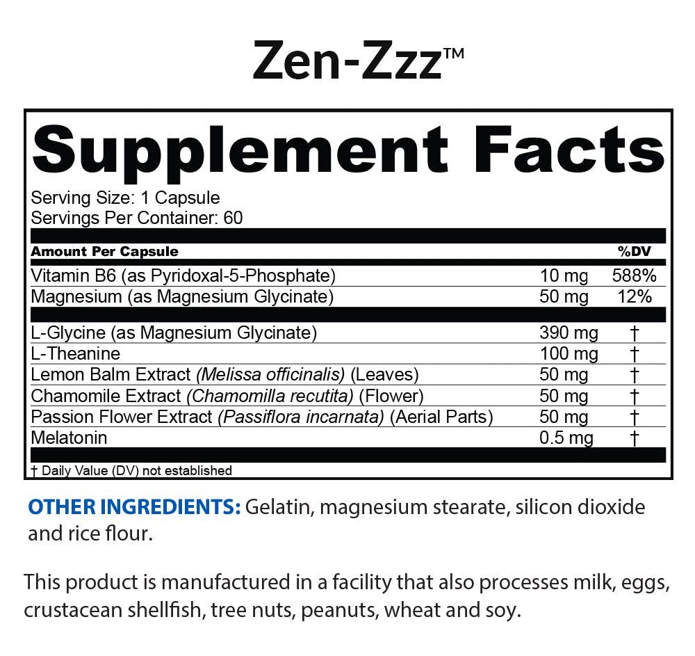 BioTRUST Zen-Zzz bottle label close-up with ingredients list and GMP quality note.