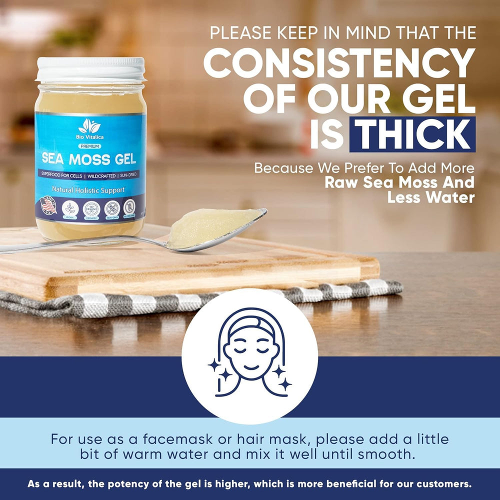 BioVitalica Sea Moss Gel scoops demonstrating simple daily serving with two scoops.