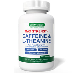 BioWisdom Max Strength caffeine L-Theanine pills bottle front shows the label for focused energy.