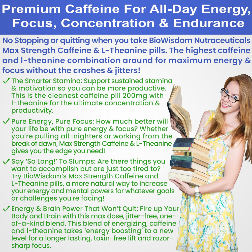 BioWisdom caffeine L-Theanine pills suggest daytime energy and focus.