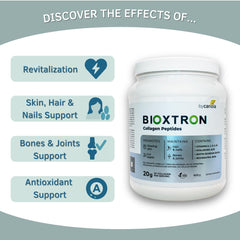 Bioxtron Collagen Peptides Powder label close-up showcasing ingredients and benefits for vitality.