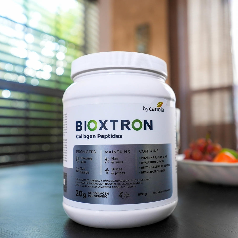 Bioxtron Collagen Peptides Powder scoop highlighting dose and convenience for daily use.