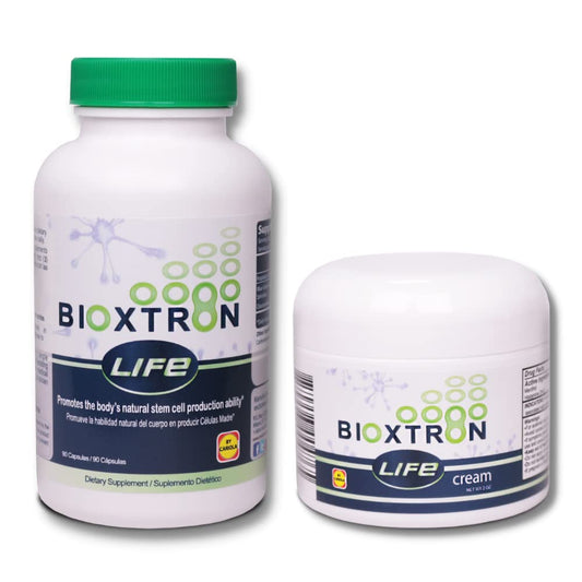 Bioxtron Life AFA capsules bottle highlighting stem cell support for overall wellbeing.