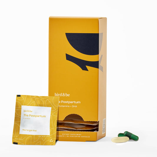 birdandbe postpartum bottle front showing daily vitamins for the fourth trimester