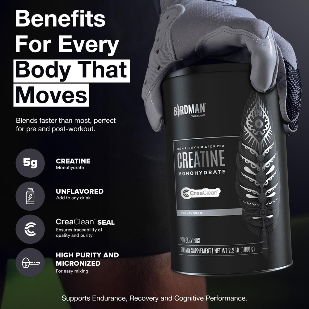 Birdman creatine powder mixing glass blends easily into drinks
