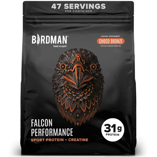 Birdman Falcon Performance bottle and label highlight plant-based protein for active lifestyles.