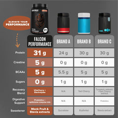 Birdman Falcon Performance graphics show creatine and BCAAs for enhanced training support.