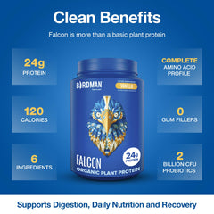 Birdman Falcon vanilla protein scoop poured into blender for workout support.