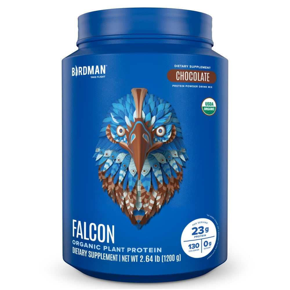 Birdman Falcon vegan protein chocolate front label highlights organic, sugar-free protein
