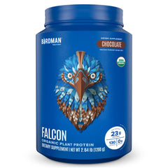 Birdman Falcon vegan protein chocolate front label highlights organic, sugar-free protein