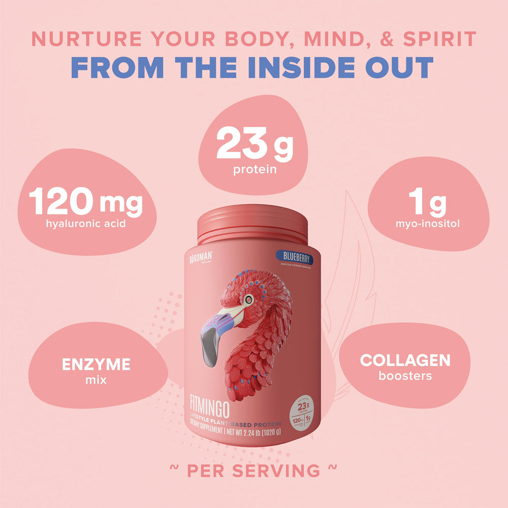 BIRDMAN Fitmingo blueberry protein powder shake glass demonstrates dairy-free post-workout hydration.