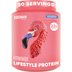 BIRDMAN Fitmingo blueberry protein powder tub front highlights plant-based protein for workouts.