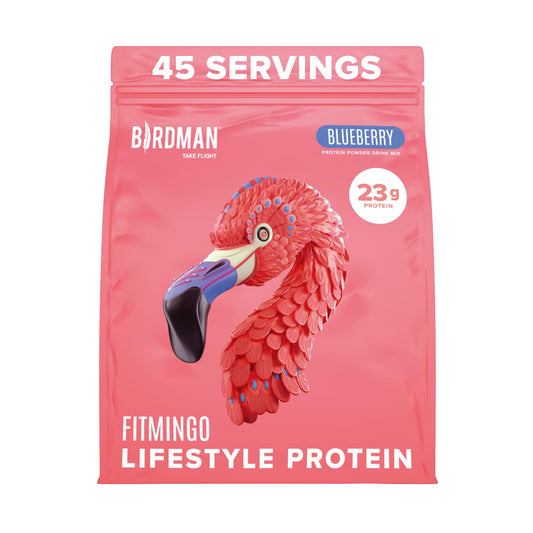 Birdman Fitmingo blueberry protein powder tub supports daily vegan protein needs.