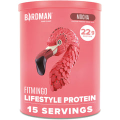 Birdman Fitmingo blueberry protein powder tub showcasing plant-based nutrition for active days