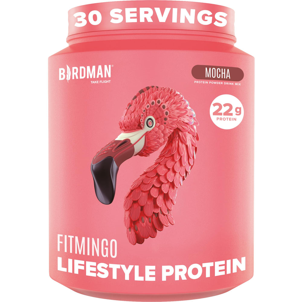 Birdman Fitmingo tub front label highlighting plant-based protein for workouts