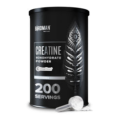 Birdman micronized creatine powder bottle enhances performance with vegan formula